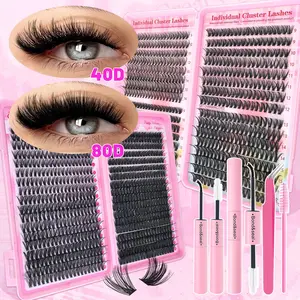 720pcs 40D+80D Natural Lash Clusters Kit with Glue & Tweezers, 8-16mm Mixed Styles DIY False Eyelashes Extensions Set | 3D Fluffy D Curl Reusable Waterproof Eyelashes Makeup