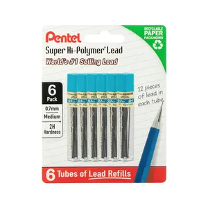 Pentel Super Hi-Polymer Lead Refills, 0.7mm, 6-Tube Pack (90 Pcs Total), Fits Pencils, Smooth Write