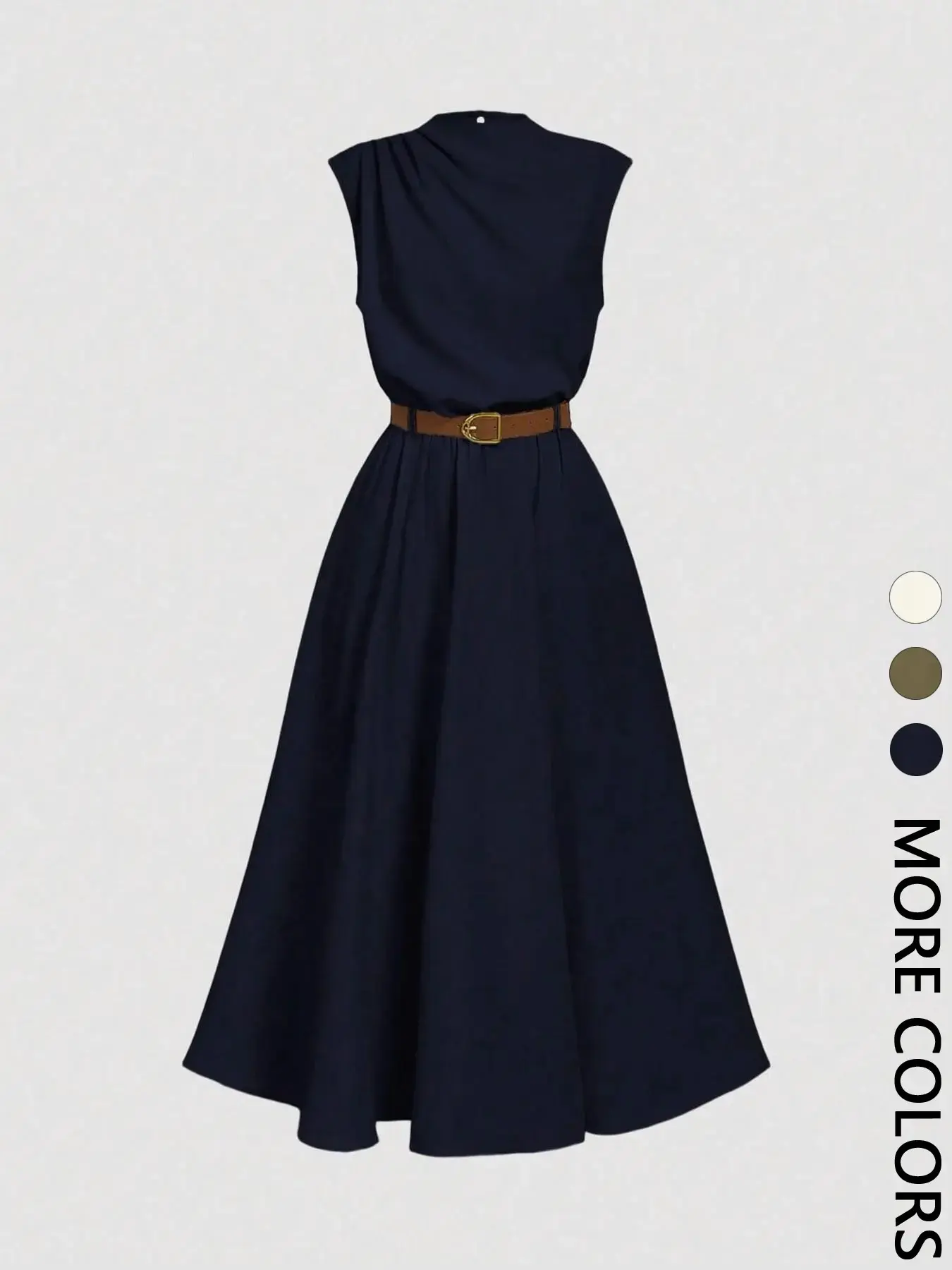 Women's Solid Fitted Mid-Length High Neck One-Side Gathered Pleated Sleeveless A-Line Dress with Belt Casual Summer 2026 Breathable Lightweight Minimalist Gown