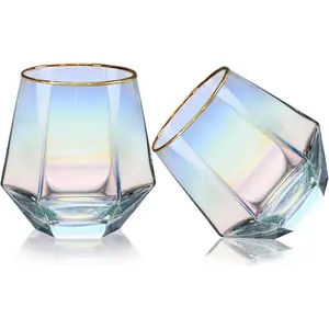 Glasses Set of 2, 10 OZ Modern Stemless  Rim Glass Cups Iridescent Drinking Glassware for Serving Party, Home, Bar, Restaurants, , Rainbow Tumbler, Colorful 2 Pack