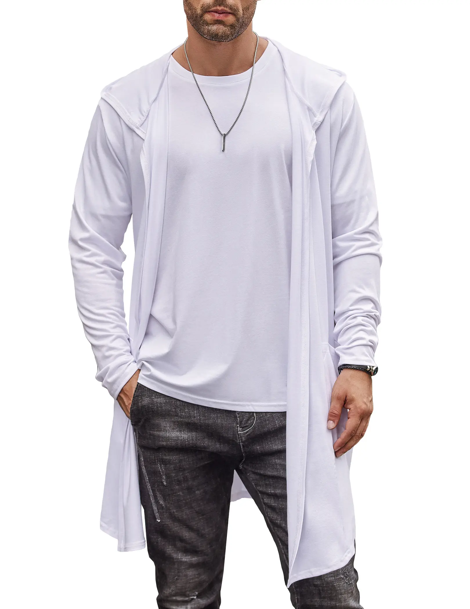 COOFANDY Menswear Men's Long Hooded Shawl Collar Lightweight Open Front Draped Cape Overcoat with Pockets, Casual Plain Tops