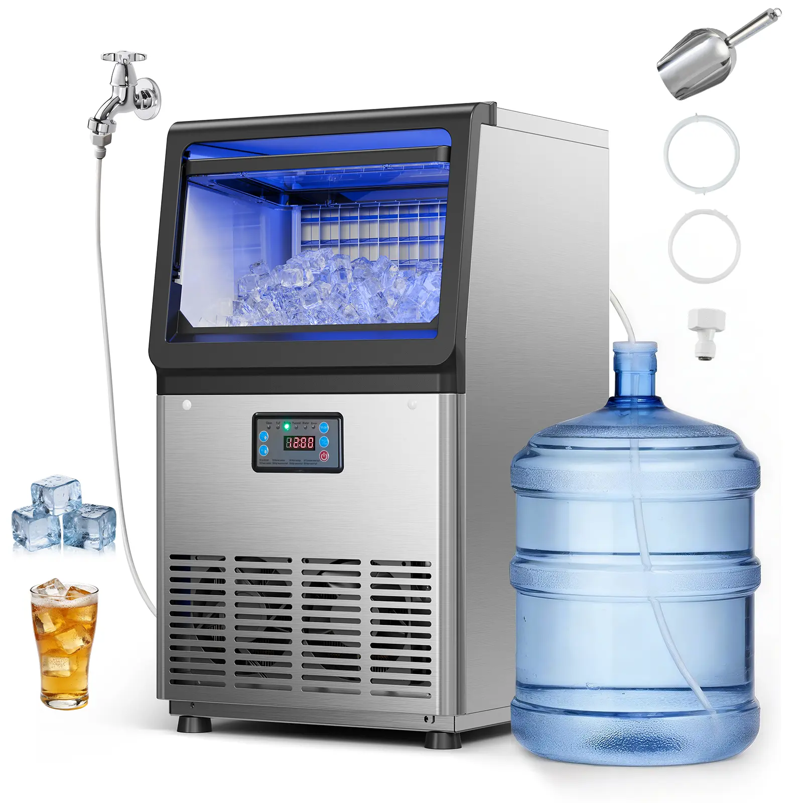 VEVOR Commercial Ice Maker Machine, 90 lbs/24h with 13 lbs Storage Capacity, Countertop/Freestanding/Under Counter, Stainless Steel Ice Maker with LED Display & Self-Cleaning, for Home Bar Restaurant