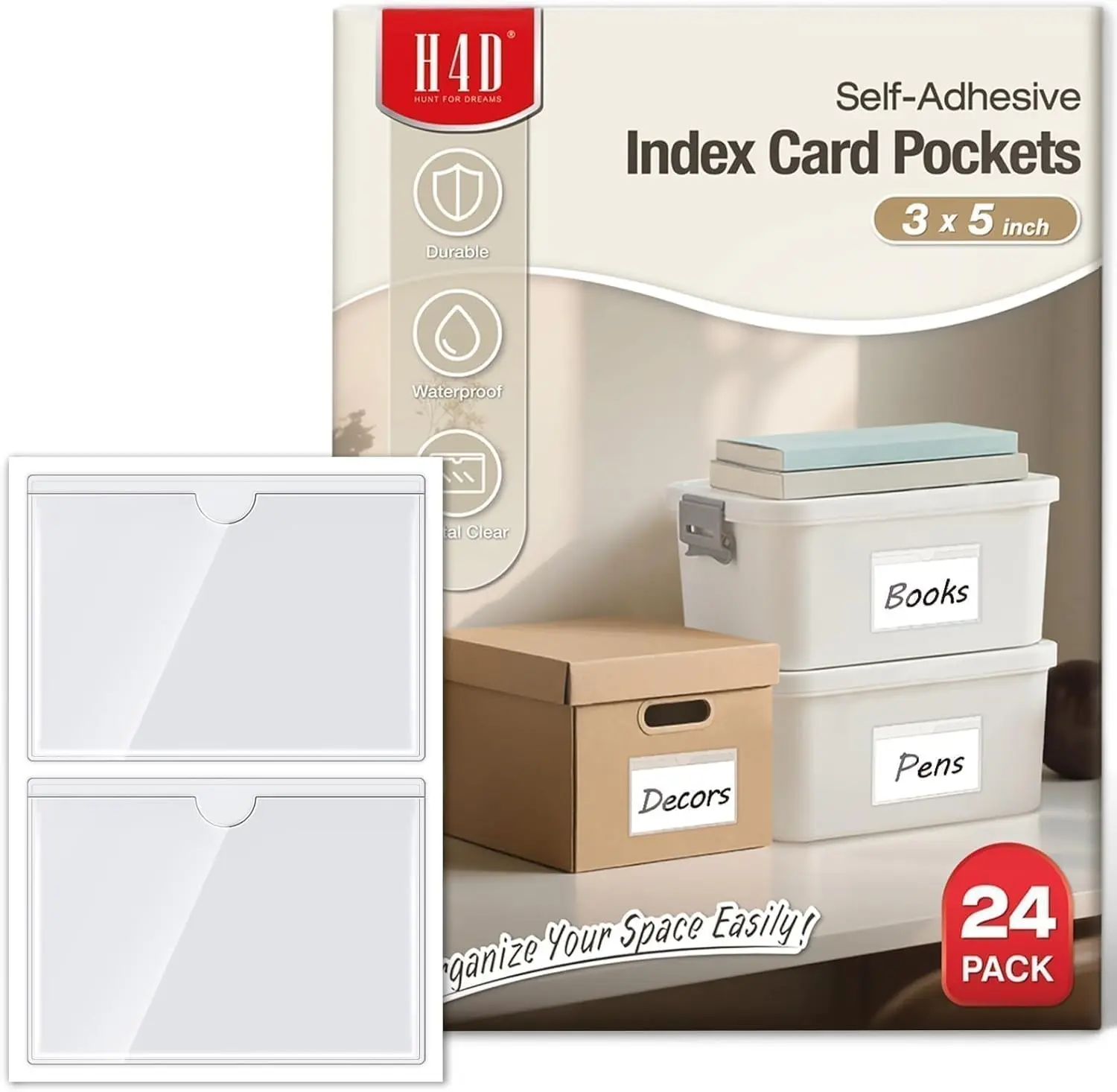 24 Pack Labels for Storage Bins, 3" x 5" Plastic Clear Adhesive Pockets, Bin Labels, Tote Label Pockets, Storage Container Labels, Index Card Holder, Library Card for Shelves