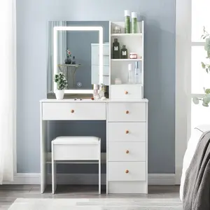Vanity Desk with Sliding Mirror and Lights, Makeup Vanity Set with Cushioned Stool, 3 Storage Shelves, 6 Drawers and 3 Color Adjustable Brightness, White
