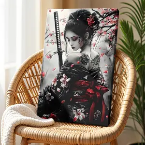 Wood Frame Canvas Art Print - Japanese Kimono Woman with Tattoo Back, Cherry Blossom Background, Black & White Traditional Aesthetic, Wall Decor for Living Room, Bedroom, Office, Wrapped Canvas Poster Vintage Prints Decoration Painting Artwork Ornaments
