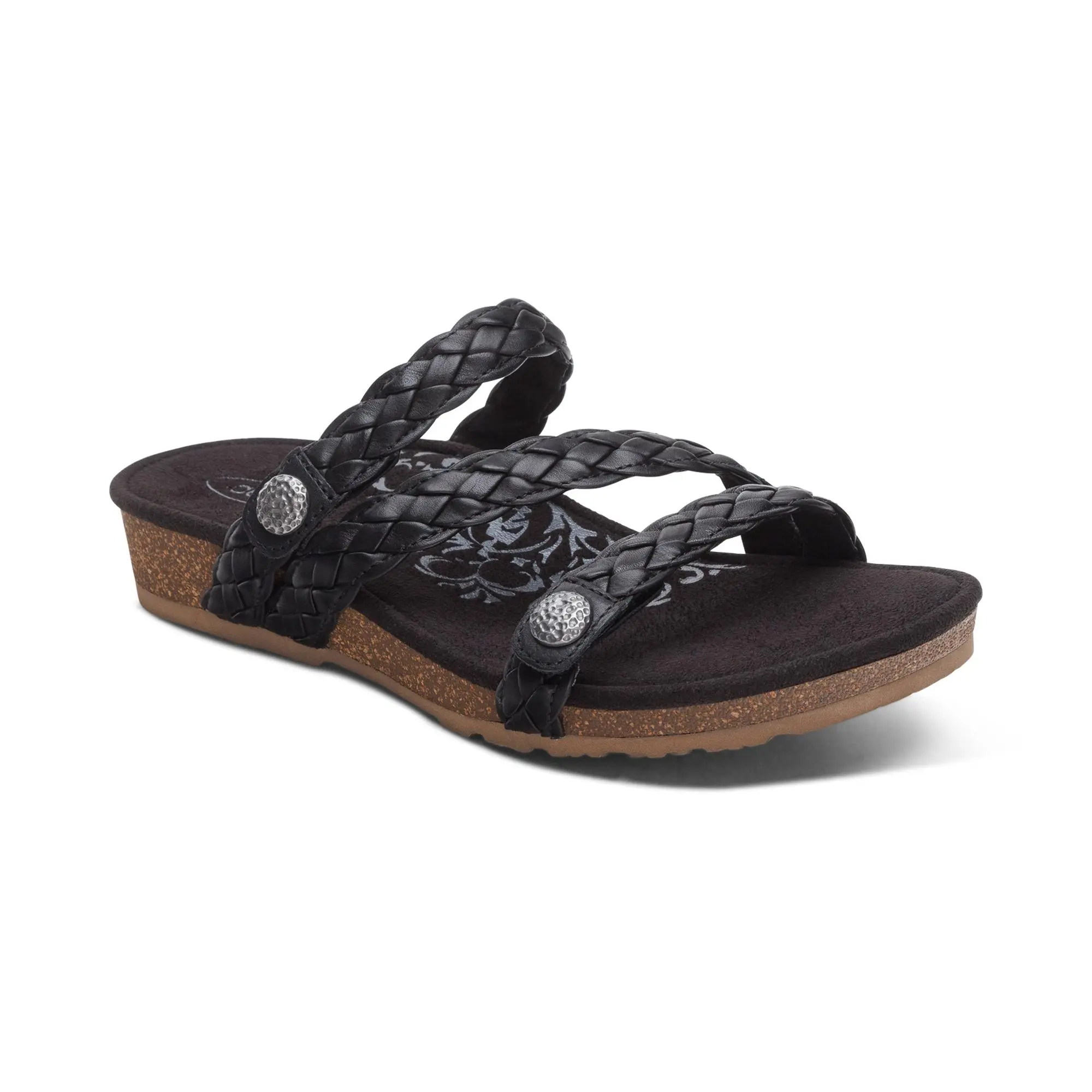 Aetrex Josie Braided Slide - Black | Women's Orthotic Slides with Arch Support for Foot Pain Relief, Shoe, Sandal, Leather