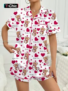 Valentine's Day Women's Loungewear Pajama Set, Comfortable Cute Elastic Heart Bear Animal Button Shirt and Pants Two-Piece Sleepwear