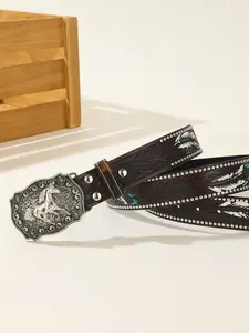 Western Style Horse Buckle Feather Rhinestone Embossed Belt, Vintage Cowboy Fashion Unisex Waistband, All Seasons PU Leather Belt