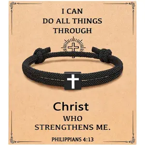 1PCS Mens Cross Bracelet, 1PCS Wooden Cross Fidget - Adjustable Rope Bracelet for Men Women Easter Christmas Christian Baptism Birthday Religious Gifts Stocking Stuffers Jewelry