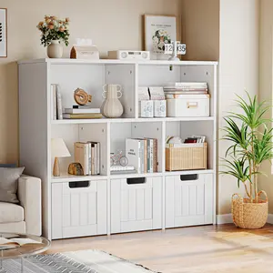 Bookcase with 3 Movable Drawers, Home office Cube Storage Unit, Toy Storage Organizer with 5 Open Cubbies, Multifunctional Floor Storage Chest, White