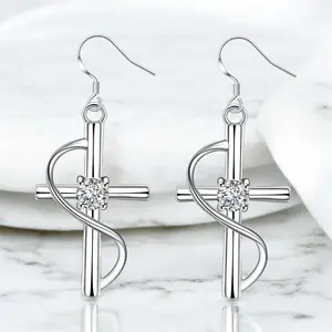 Cross Zircon Diamond Earrings, Silver Plated, Cross Earrings, Women's Unisex Jewelry
