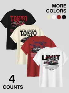 🏎️🗼4 Pack JDM Tokyo Drift Graphic Tees Round Neck | Japanese Streetwear Car Guy T-Shirts | Multi-Design Summer Car Culture Tops