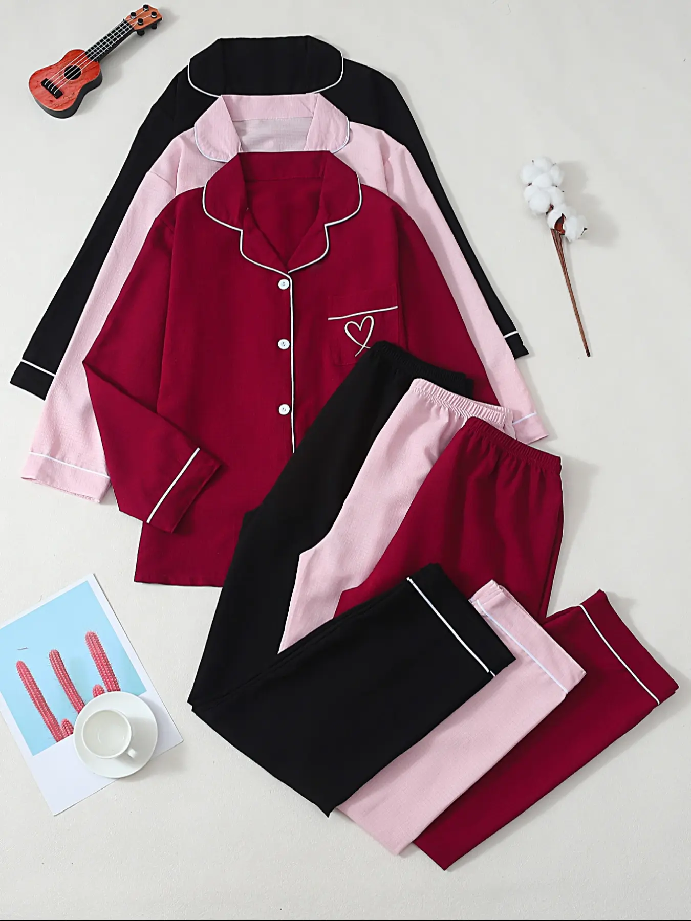 New Solid Color Lapel Long Sleeve Heart Embroidery Women's pajamas, Casual Fashion Soft Knit Fabric Loungewear Sleepwear for Daily Home Use