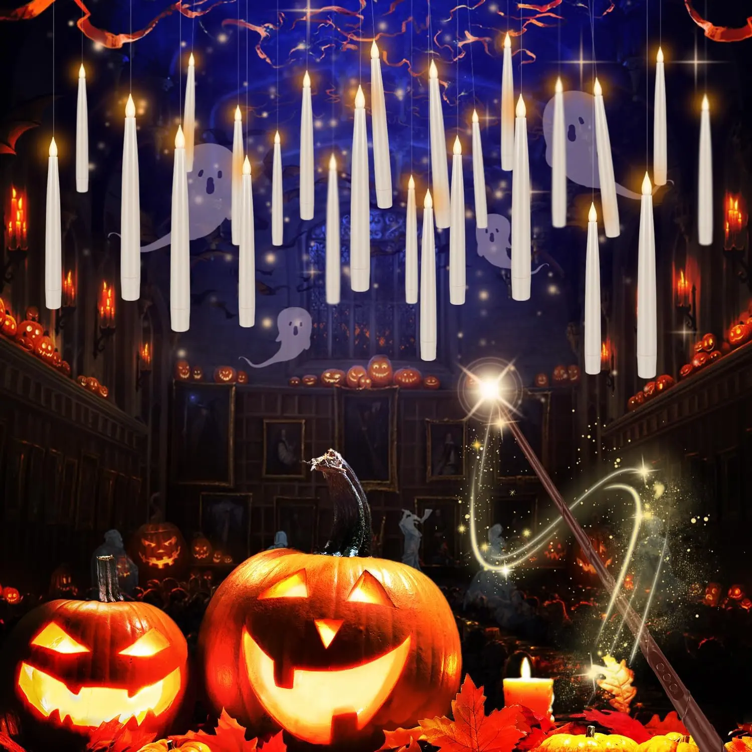 20 Pack Flameless Candles with Magic Wand Remote for Christmas Decor, 6.6" Floating Candles Battery Operated Hanging Window Candles, Flickering Electric LED Candle for Christmas Halloween Decorations,Halloween Indoor Ceiling Decor, Hallway, Bedroom, Party