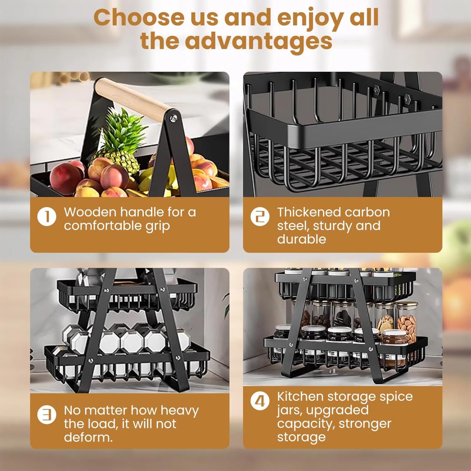 1PC 3-Tier Removable Metal Wire Storage Basket with Wooden Handle, Foldable Tiered Organizer, Breathable Rack for Fruit Vegetable Snack, Modern Kitchen Countertop Organizer for Dining Table Home