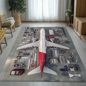 2D Vintage Airplane Blueprint Rug Industrial Style Floor Mat for Living Room Bedroom Decorative Carpet with Aircraft Engineering Drawing Design Home Decor Accessory