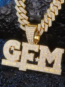 1Pc Funky all rhinestone alphabet GOD FAMILY MONEY Pendant with 13MM Cuban chain for men and women Initial Letter Necklace