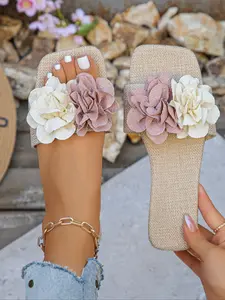 Women's PU Leather Chain Print Flat Sandals, Square Toe Floral Design, Comfortable Home Slippers, Less Than Ankle Height, Rubber