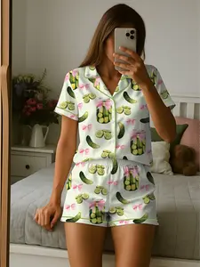 Women’s Pickles Coquette Cute Bow Pickle Jar Print Short Sleeve Satin Pajama Set