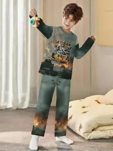 Cartoon Battle Royale! Boys' 2-piece Digital Printed Long-sleeve Pajamas with Long Pants in Grey Background, featuring hot-blooded anime designs. Made of flame-retardant fabric, this stylish, trendy, casual, comfortable and soft pajama set is suitable for