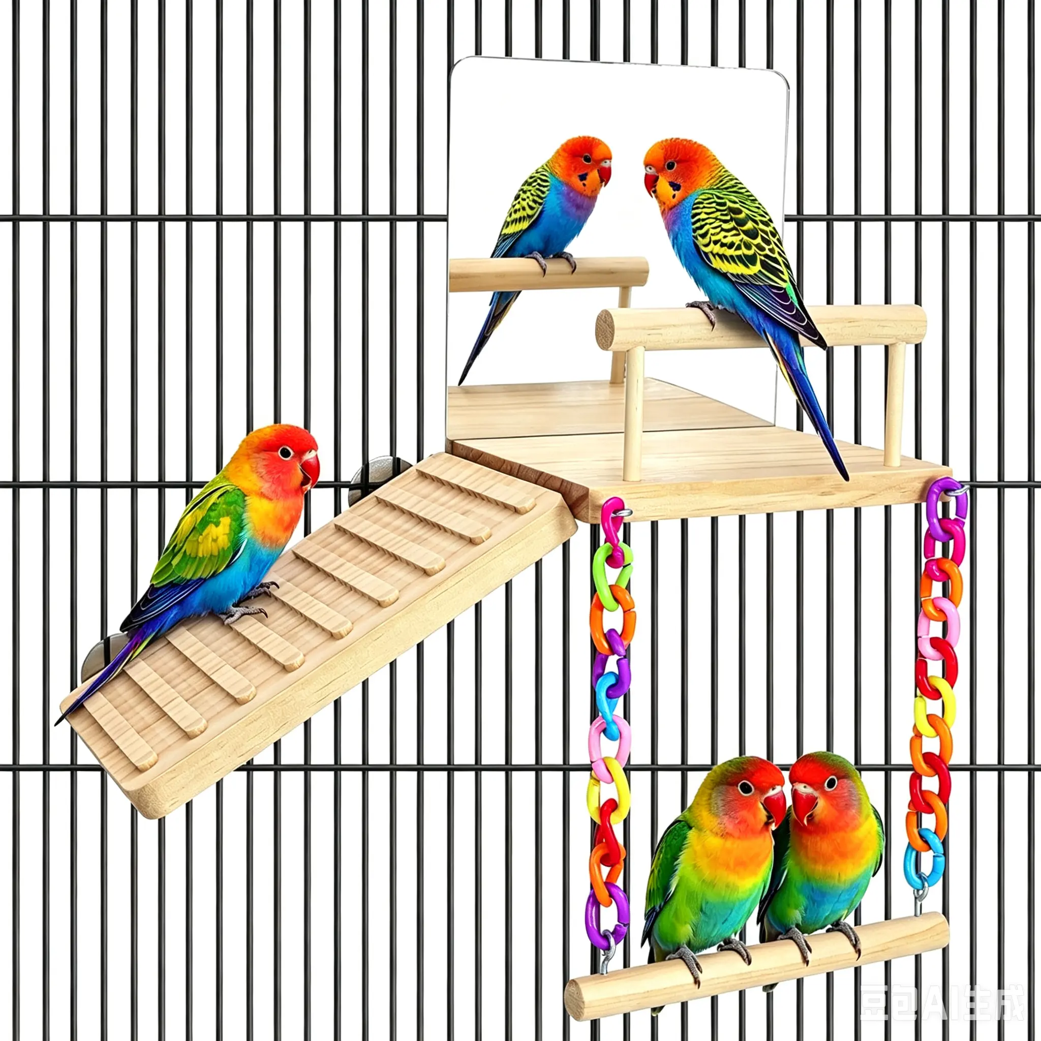 Bird Perches Platform Swing for Cage Bird Toys with Bird Mirror Climbing Frame for Lovebirds, Budgies,Pacific Parrotlets,Chinchilla, Hamster Gym Exercise