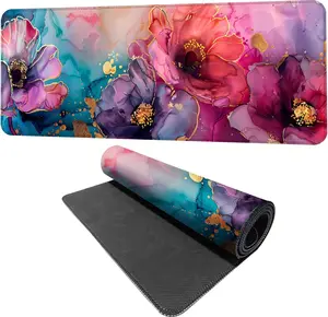 Free Express 1pcs 2D Flat Abstract Alcohol Ink Flowers Pink Purple & Teal Floral Mouse Pad, 12x24in/16x32in XXL Large Extended Desk Mat, Non-Slip Base Keyboard Mouse Pad for Office Workstation Home Gifts Gaming