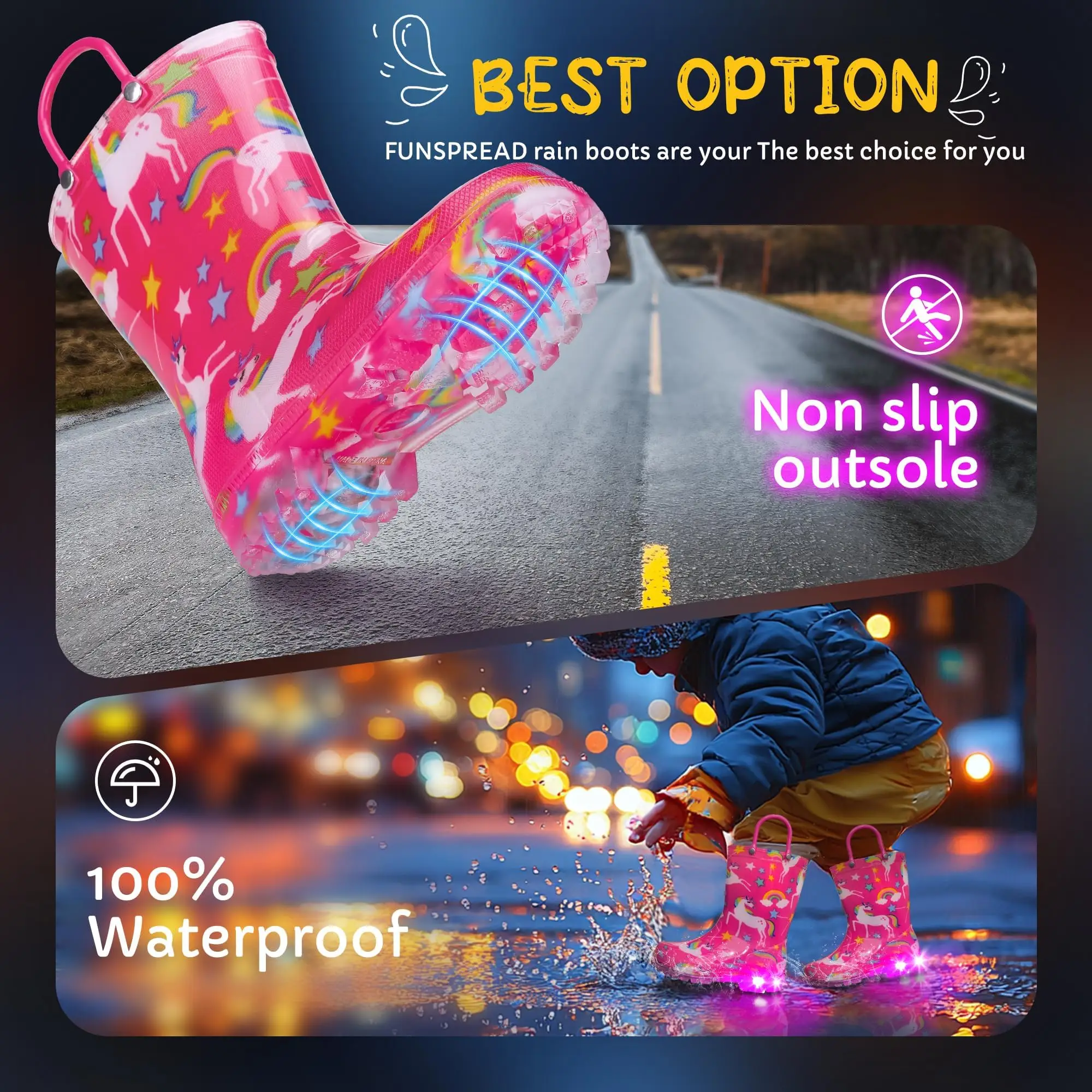 Funspread Easter Rain Boots for Girls - Light Up Rain Boots for Toddlers & Kids, Waterproof, Non-Slip Sole, Handles, Little & Big Kids Glitter Pink Sp