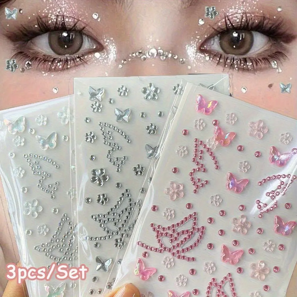 A Set of Three Colorful Rhinestone Butterfly Flower Stickers, Face Jewelry Patches, Fashionable Eye Rhinestone Additions