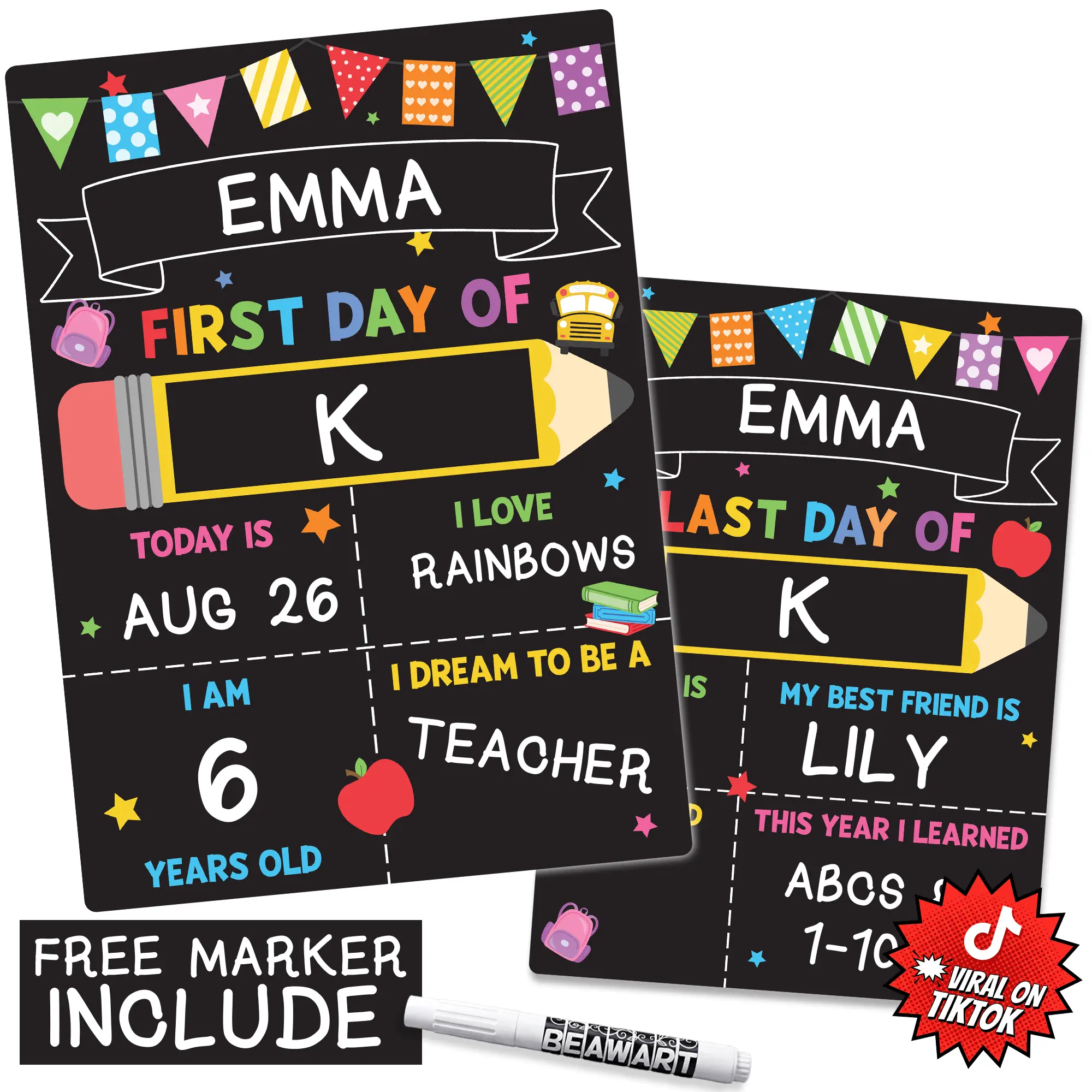 BEAWART First Day of School Black Sign Board, 10x14 Double-Sided First & Last Day Chalkboard Sign, Reusable Back to School Photo Prop For Preschool Kindergarten Kids, Includes Pencil Flag & White Chalk Marker