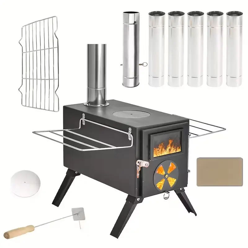 Portable Woodstove For Tents - Outdoor Stove With 7 Chimney Pipes Ideal For Spring Camping, Cooking And Backyard Barbecues, Party Grills - Black, Water Boiler, Indoor/outdoor Heater Hot Tent Stove