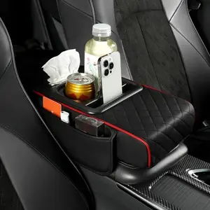 Multifunctional PU Leather Car Armrest Cushion with Central Elbow Pad, Storage Bag and Tissue Box, Comfortable Luxury Car Interior Accessory, Car Organizers