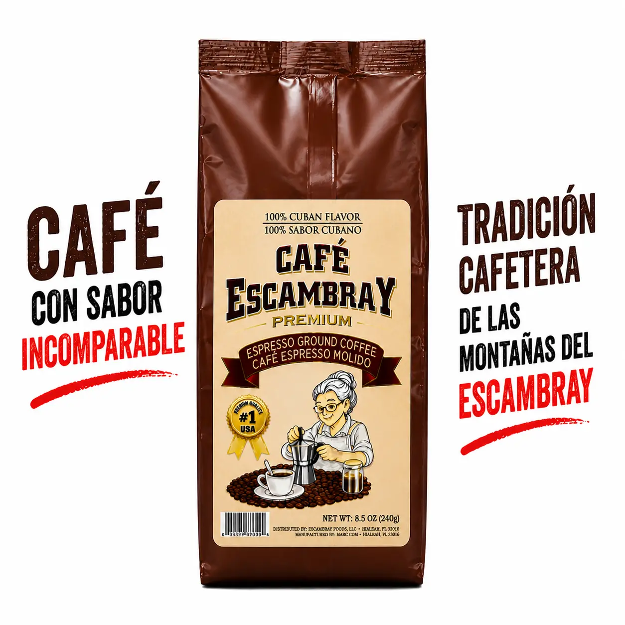 Cafe Escambray Premiun Cuban Espresso Ground Coffee 8.5 oz (240 g) - Strong Cuban Style Coffee, Dark Roast, Cafe Cubano Molido Premium.