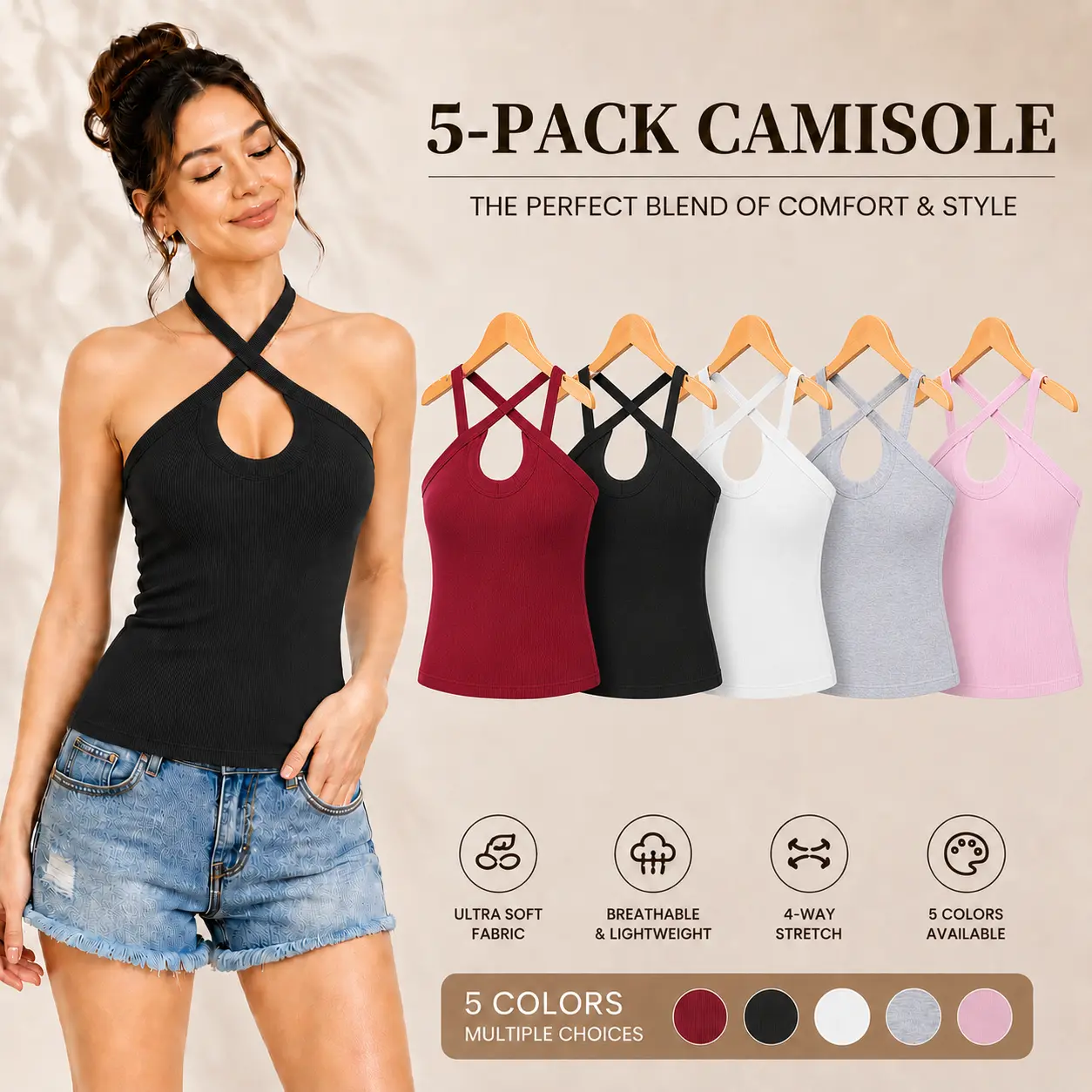 【5 Pack】Women's Criss Cross Halter Tank Tops Ribbed Knit Sleeveless Slim Fit Sexy Keyhole Camisole Summer Casual Y2K Going Out Shirts Soft Stretch Basic Cami Vest for Women,White Gray Pink Red Black,S-XXL,Breathable Lightweight Everyday Tops Free shipping