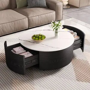 Modern Round Coffee Table Living Room Center Table Movable with Casters, 2 Storage Drawers, Marble Pattern Sintered Stone Top, 29.5"