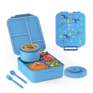 Kids Bento Lunch Box Set With 8oz Soup Thermo, Leakproof Lunch Containers with 5 Compartment, Thermo Hot Food Jar and Insulated Lunch Bag, BPA Free,Travel, School -Blue and Pink
