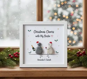 Wine Gift for Best Friend Christmas | "Christmas Cheers Bestie" Pebble Art | Personalized Wine Lover Gift | Custom Best Friend Xmas Frame