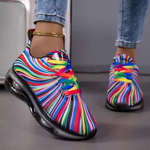 Women'S Low-Top Sneakers - Breathable Fabric Upper & Cushioned EVA Sole, Arch Support & Stability, All-Season Casual Shoes with Rainbow Stripe Accents, Multicolor (Pink/Blue/Yellow) - Versatile for Everyday, Closed Athletic