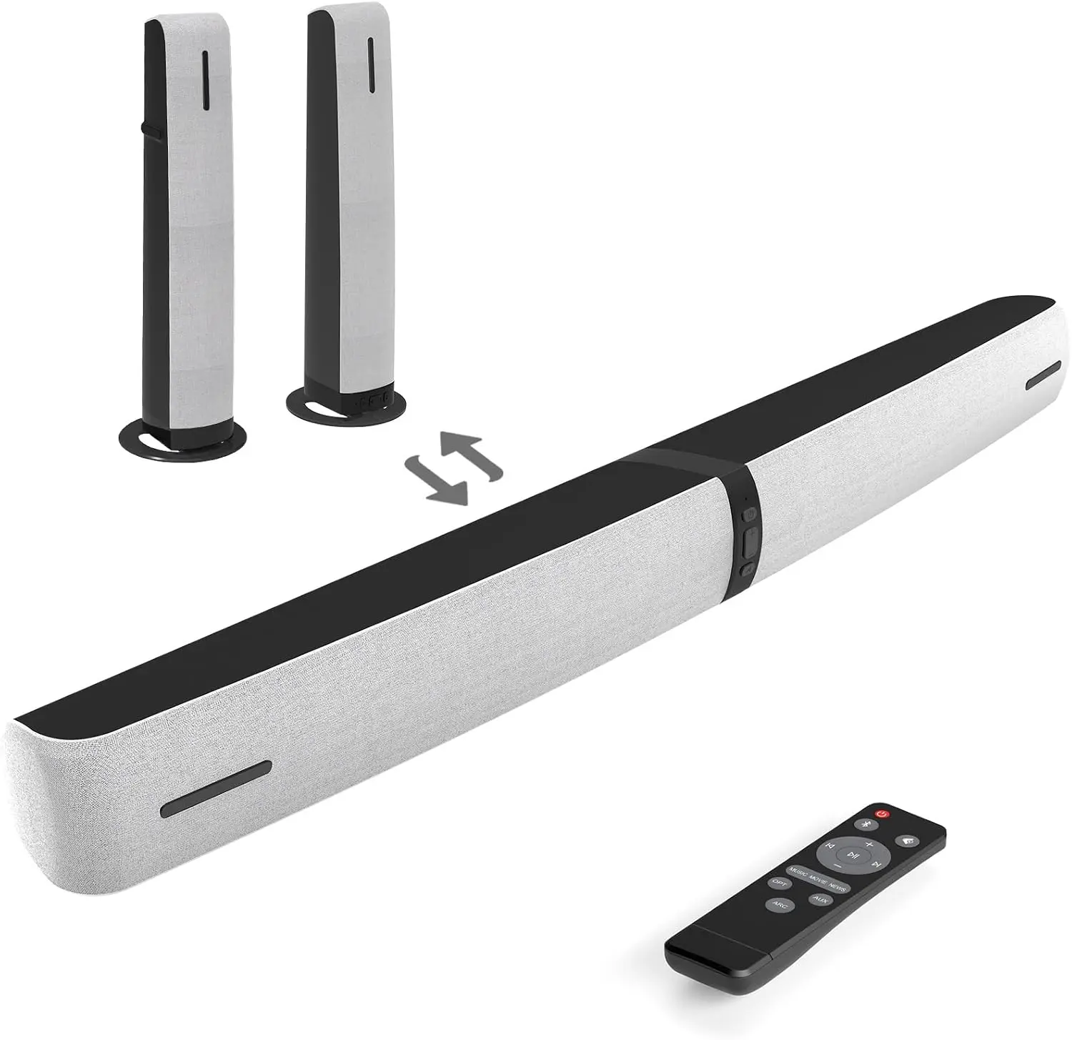 Sound Bar for Smart TV, 90W Soundbar with Bluetooth/ARC/Optical/AUX Connect, Auto Volume Boost, 3 Equalizer Modes, 2 in 1 Detachable Soundbar for TV for TV/PC/Gaming/Projectors