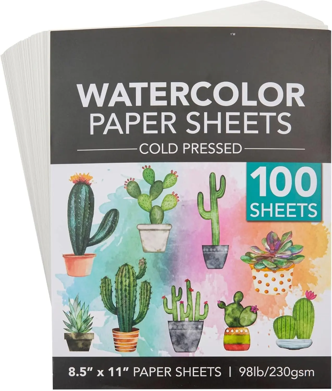 Printable Cold Pressed Watercolor Paper Bulk Pad - 100 Sheets, 8.5 x 11 in, 230 GSM, White - Painting Paper for Acrylics & Sketching