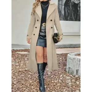 2026 women’s solid-color long-sleeve casual fashion wool coat with collar, autumn/winter longline double-breasted coat, women’s outdoor gift GARMENTARY