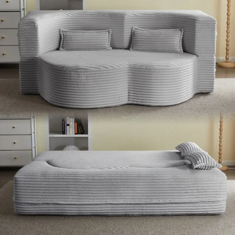 Light Grey Modern Convertible Futon Floor Sofa Bed with 2 Pillows - Plush Corduroy Foam-Filled Sleeper, 15" Full Size Folding Mattress (78"l x 54"w x 15"h), 300lbs/Seat Capacity, 86lbs, No Assembly, Space-Saving for Living Room, RV, Guest Use