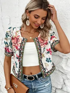 A women's white background fashionable floral print bubble sleeve short cardigan with ethnic style border decoration, suitable for commuting to work, shopping and outdoor activities, indoor and outdoor dressing
