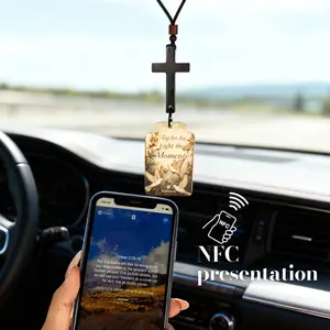 [Buy 1 Get 2 Extra card] TapMoment Christian Bible Verse Hanging Cross Ornament Car Rearview Aromatic Blessing Card with NFC Daily Bible Christmas Gift Wooden Cross Pendant Faith Fragrance Connection