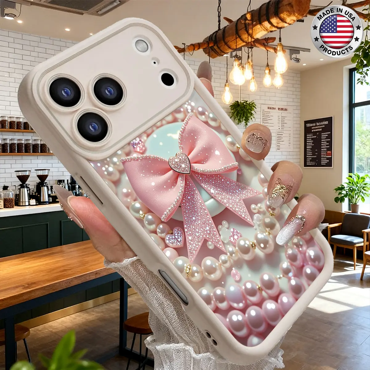 Cute Pink Bow Pearl Heart Sparkle Aesthetic Case for iPhone 17 16 15 14 Pro Max 13 12 11 XR XS Plus Air Slim Shockproof Anti Drop Protective TPU Cover
