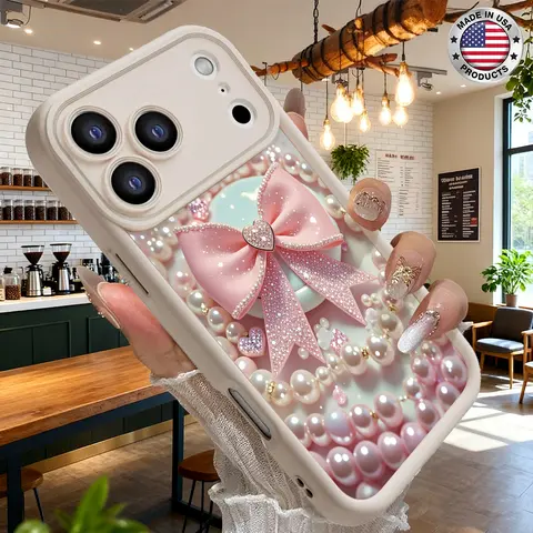 Cute Pink Bow Pearl Heart Sparkle Aesthetic Case for iPhone 17 16 15 14 Pro Max 13 12 11 XR XS Plus Air Slim Shockproof Anti Drop Protective TPU Cover