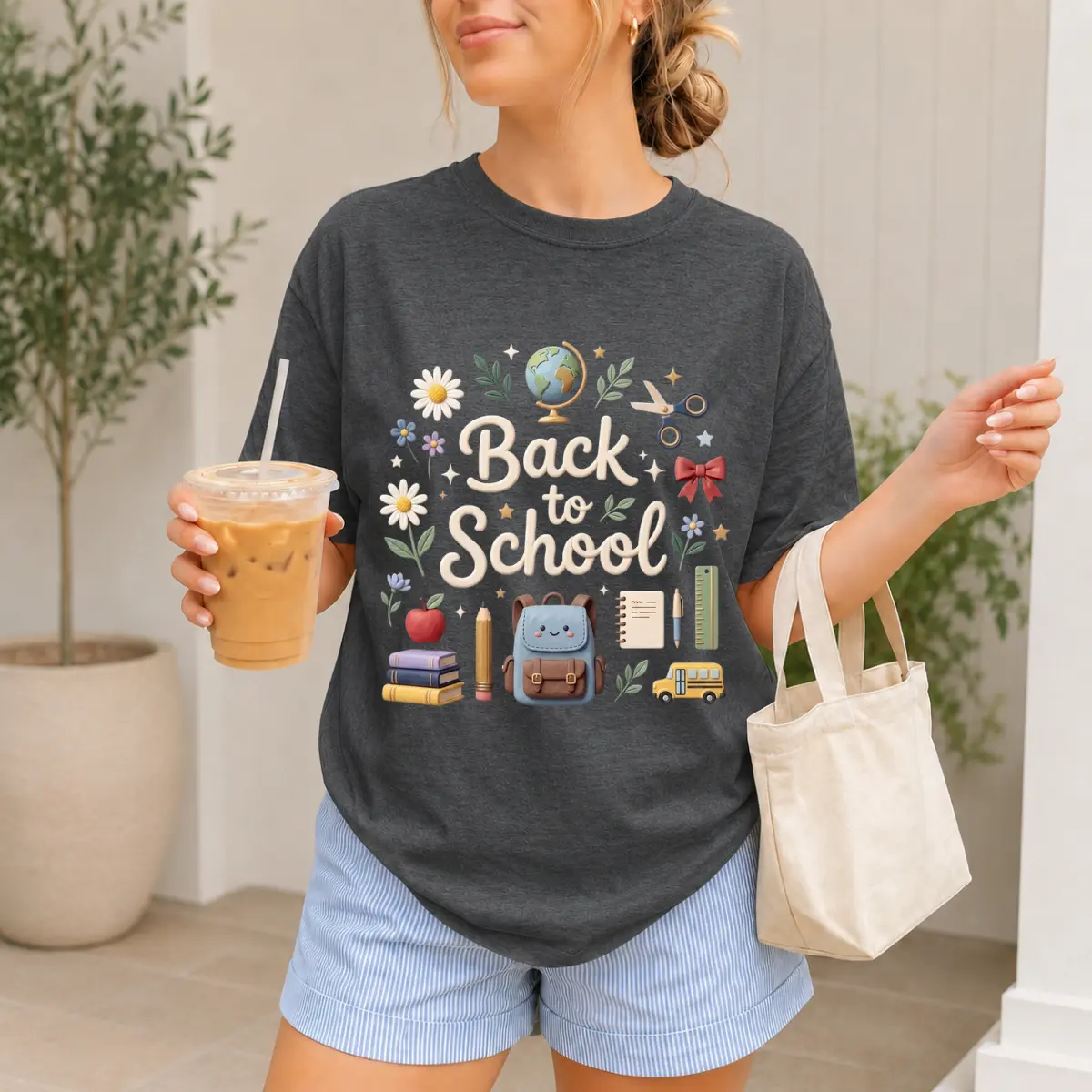 Back To School Graphic T-Shirt, School Supplies Graphic Tee, Cute Backpack Books Pencil School Bus Globe Floral Design Shirt, Front Graphic Print Tee, First Day Of School Outfit Gift For Students Teachers Women Men Kids