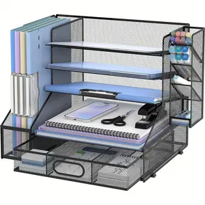 5-Layer Grid Paper Letter Tray Organizer with Pen Holder and Drawer, Slanted File Sorter, Desk Organizer and Storage Cabinet for Office Home, Desktop Space Saving Organizer
