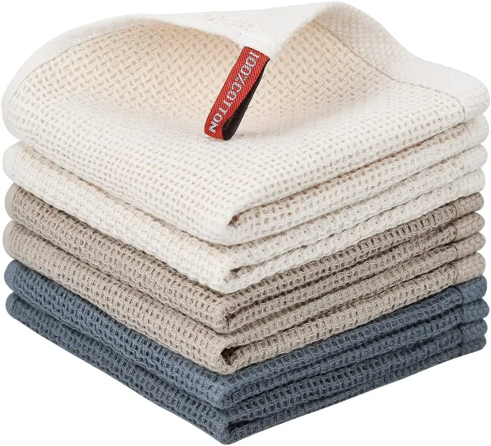 Nialnant 6-Pack 100% Cotton Kitchen Towels & Dishcloths Set, 12x12 in Soft Absorbent Quick-Drying Cleaning Cloths for Washing Dishes