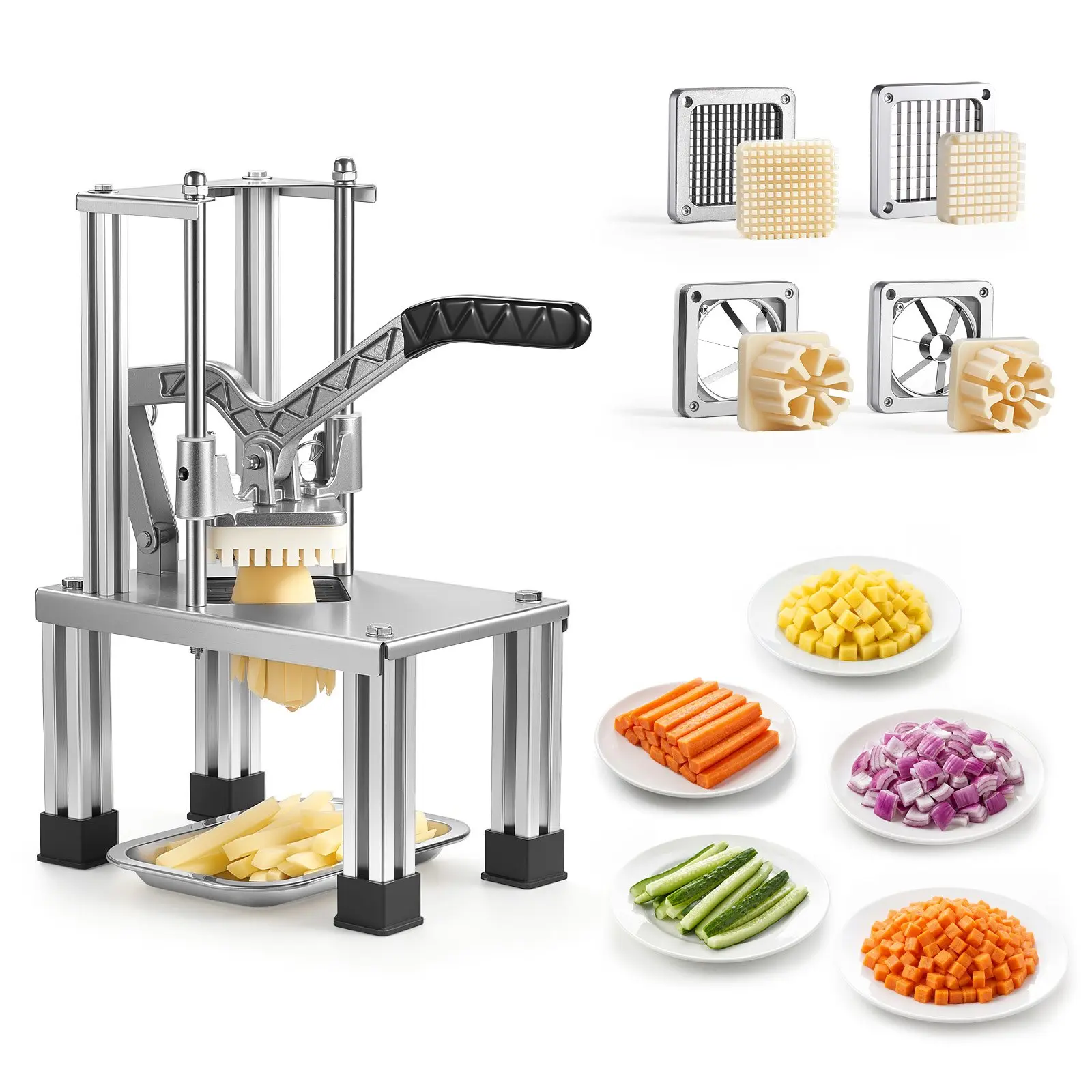 【Summerfinds】VEVOR French Fry Cutter, Commercial Vegetable Chopper with 4 Blades (1/4", 3/8", 6-Wedge & Apple Corer), Stainless Steel Potato Slicer for Fries, Onion, Carrots, Lemon – Home & Restaurant Use Detachable Sturdy
