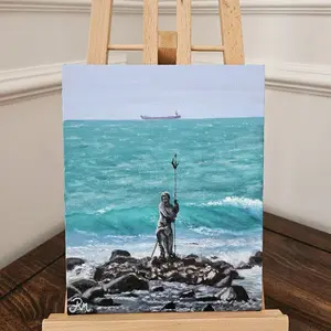 Original oil painting on canvas board by Ana Paula Martins. Plein air painting of the statue of Neptune in the sea of Ostia-Rome, Italy.
